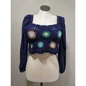Aerie Navy Crochet Floral Long-Sleeve Crop Top With Puff Sleeves M